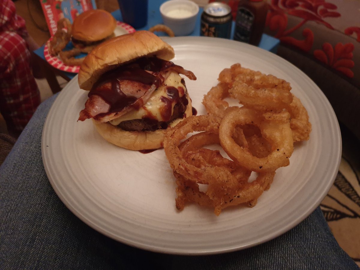 professor_dave's tweet image. Homemade barbecue bacon cheese burgers and onion rings.
#familydinner #sofadinner