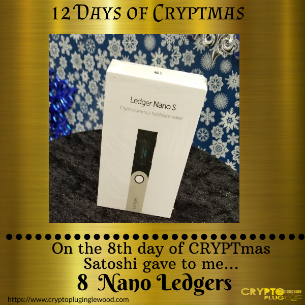 CryptoPlug3's tweet photo. On the 8th day of Cryptmas Satoshi gave to me, 8 Nano Ledgers, 7 Stable Coins, 6 Trezor Wallets, 5 Bitcoin Keychains, 4 Bitcoin T-shirts, 3 Crypto Cash Games, 2 Skycoin miners, and a cool pair of Black Satoshi's
#christmas #cryptmas #lacrypto #bitcoin #education #massadoption https://t.co/6VHGdsVfXh