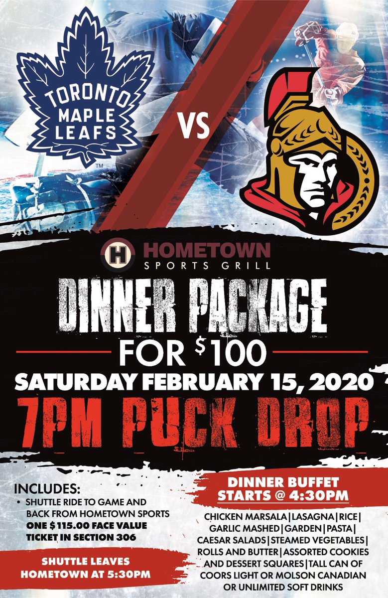 HometownSportsG's tweet photo. 38 tickets left! 👀 Haven’t bought all your Christmas gifts yet - we can help! 🤙Reserve your spot today for a night of great food and a great game on February 15!✨
#hometownsportsg #ottawaevents #ottawafood #613food #613events #sensvsleafs #gosensgo https://t.co/jHoeDiDIB5