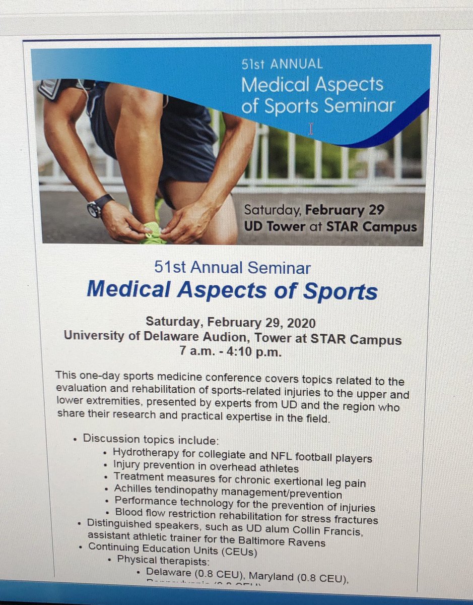 Make plans to attend UD’s Medical Aspects of Sport meeting on 2/29/20.  Collin Francis from the Baltimore Ravens will be a featured speaker!
