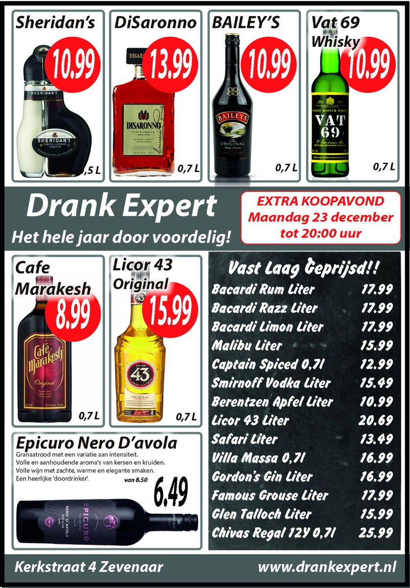 Morgen #koopzondag van 12.00-17.00, maandag extra #koopavond open van 9.00-20.00, dinsdag open van 9.00-18.00. www.drankexpert Kerkstraat 4 #Zevenaar altijd voordelig!