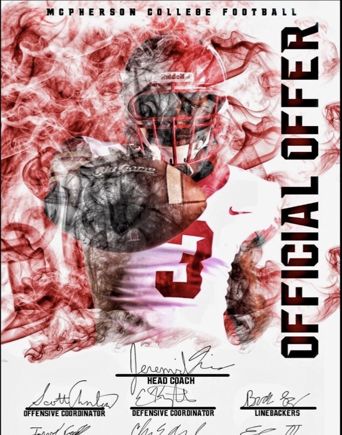 Blessed to have received an official offer from McPherson College! Thank you <a href="/CoachJFisc/">Coach Fiscus</a> and the rest of the <a href="/MACBulldogsFB/">McPherson Football</a> coaching staff! <a href="/JCEagleFootball/">JC Football</a> #CO2020