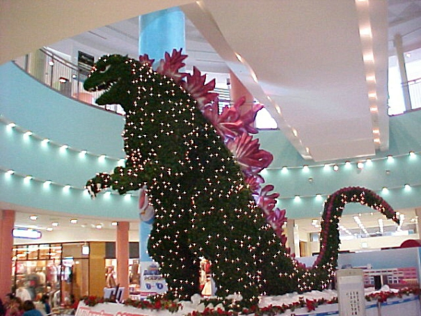 HallowsHaunts's tweet photo. Giant Godzilla Christmas Tree from the Aqua City Odaiba shopping mall in Tokyo. 
#Godzilla #Japan #Tokyo #Christmas https://t.co/D3I2LDF9W0
