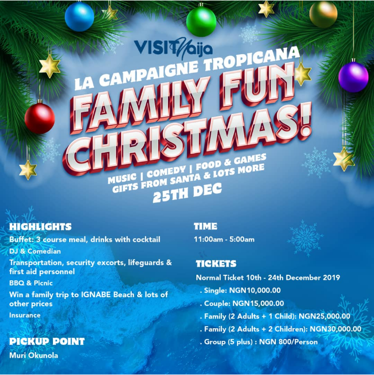 visitnaija_off's tweet photo. let us go there ... 4 days countdown
 
CHRISTMAS DAY TOUR 
Book now....... 3-course meal 
                           Water sports 
                           Music 
                           Comedy 
#visitnaija #Christmas #getaway #RhythmUnplugged #FlytimeMusicFestival2019 https://t.co/3syeqoU4Nl