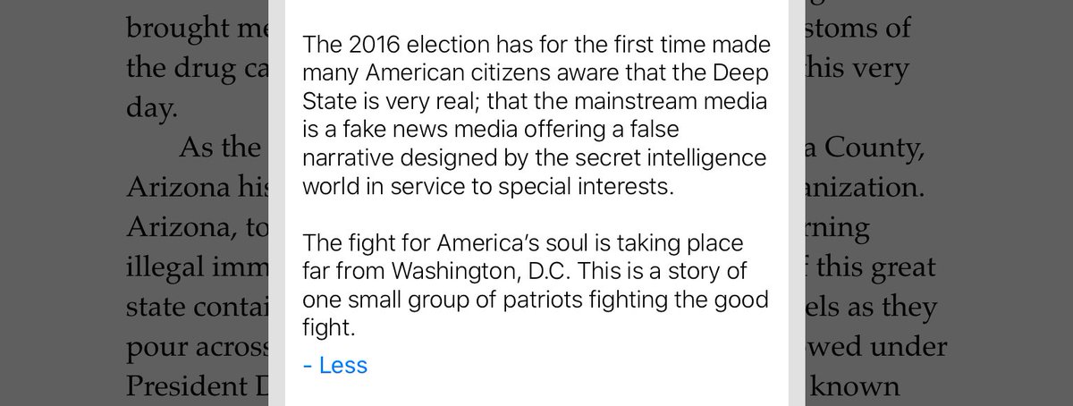 Jesus Christ. 1) Get a thesaurus. 2) America is two continents, not a country. 3) “the mainstream media is a fake news media offering a false narrative.”3a) definitely self-published.3b) “false narrative” in a FUCKING FICTIONAL NOVEL’S INTRO.