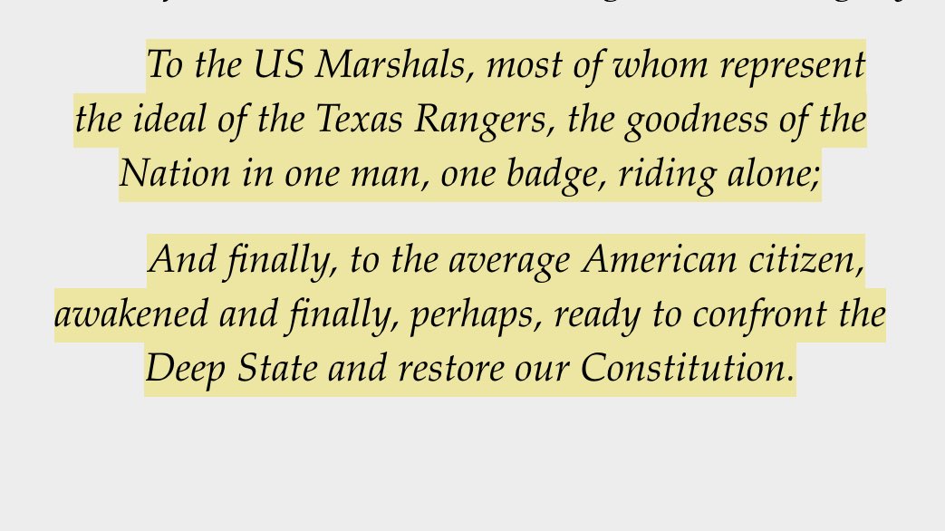 1) Subtweet the libtard Marshals in the dedication. I see you. 2) “Nation” is not a proper noun.3) That’s not how you use a semicolon.4) QAnon confirmed.