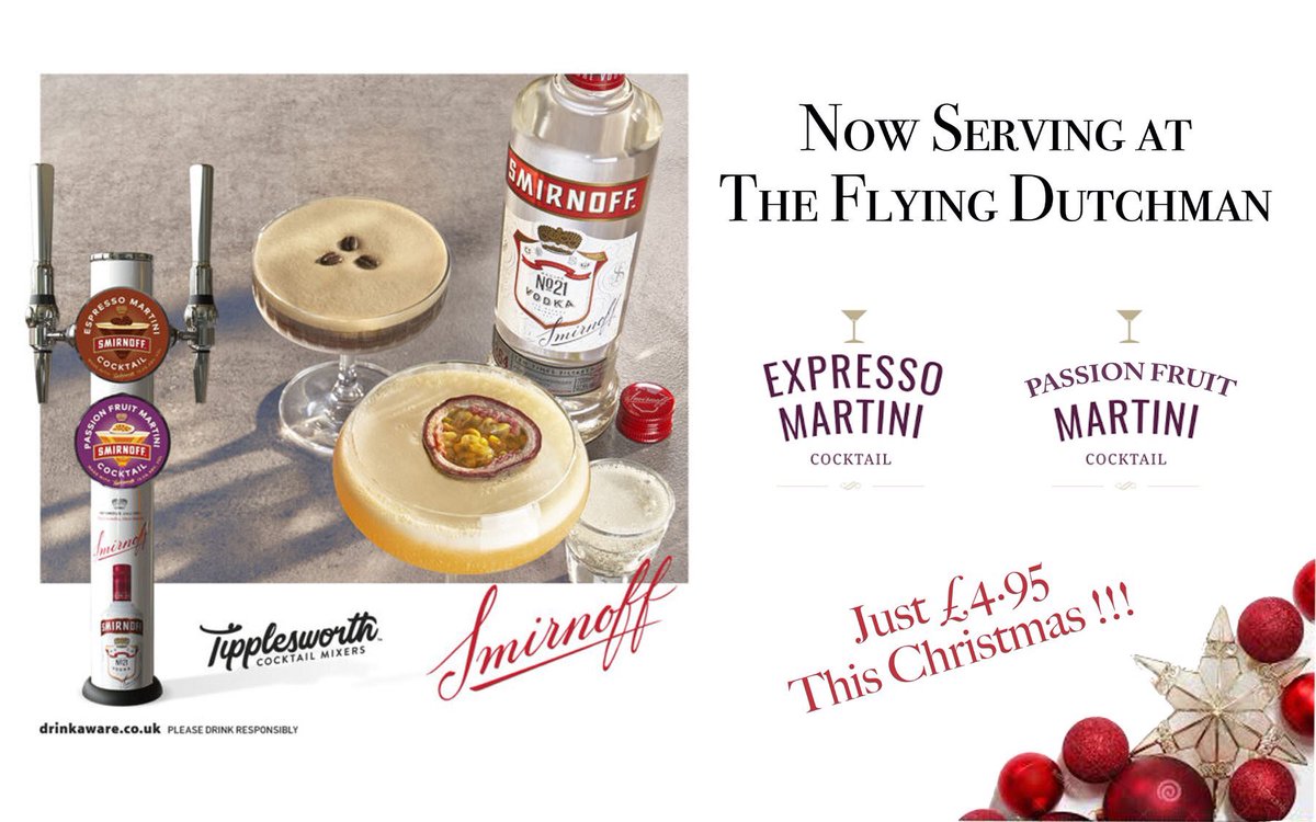 Cocktails and Prosecco on tap at Thr Flying Dutchman this Christmas , cocktails £4.95 and Prosecco just £3 !!