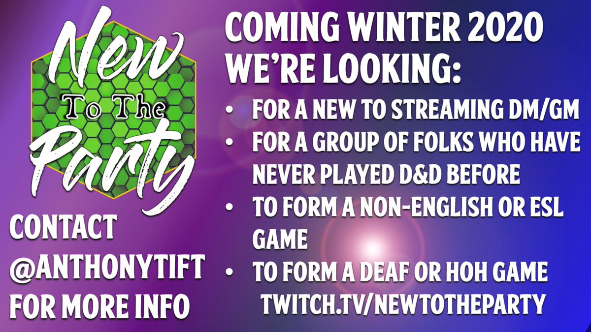 WelcomePartyRPG's tweet photo. We are launching a new Sibling Channel! We're recruiting for:
-A game with a new DM at a table of experienced players.
-A game of all new players with an experienced DM.
-An all Deaf or HoH game!
-A non-English or ESL game!
Contact @AnthonyTift for more info! 
#dnd #twitch #ttrpg https://t.co/5iEfTMEBHL