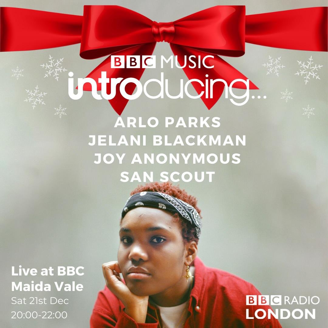 At 8pm we kick off our very special Christmas show LIVE from Maida Vale! 

We have live performances from <a href="/SanScoutMusic/">SAN SCOUT</a>, Joy Anonymous, <a href="/Jelani_Blackman/">Jelani Blackman</a> and <a href="/arloparks/">Arlo Parks</a> 🎄⭐️🎅🏽☃️ 

Join <a href="/jjiszatt/">Jess Iszatt</a> on <a href="/BBCRadioLondon/">BBC Radio London</a> for all the festive feels 💙

<a href="/bbcintroducing/">BBC Music Introducing</a> #bbcintroducing