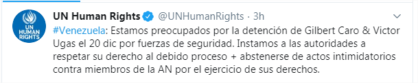 laprensalara's tweet photo. #21Dic | La Oficina de derechos humanos de la ONU (@UNHumanRights) expresó su preocupación por el arresto a #Gilber Caro, diputado de la #AsambleaNacional #21Dic https://t.co/8p0AO7VSiA
