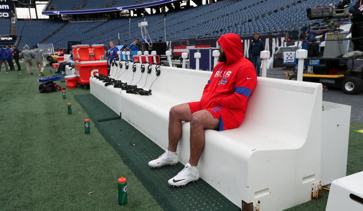 jmccoyphoto's tweet photo. #buffabills offensive tackle Ryan Bates (71) sits on the bench in shorts during warm up before the game at Gillette Stadium in Foxborough, MA on Saturday, Dec. 21, 2019.  James P. McCoy/@TheBuffaloNews #BillsMafia https://t.co/8fTQBSuU8Y