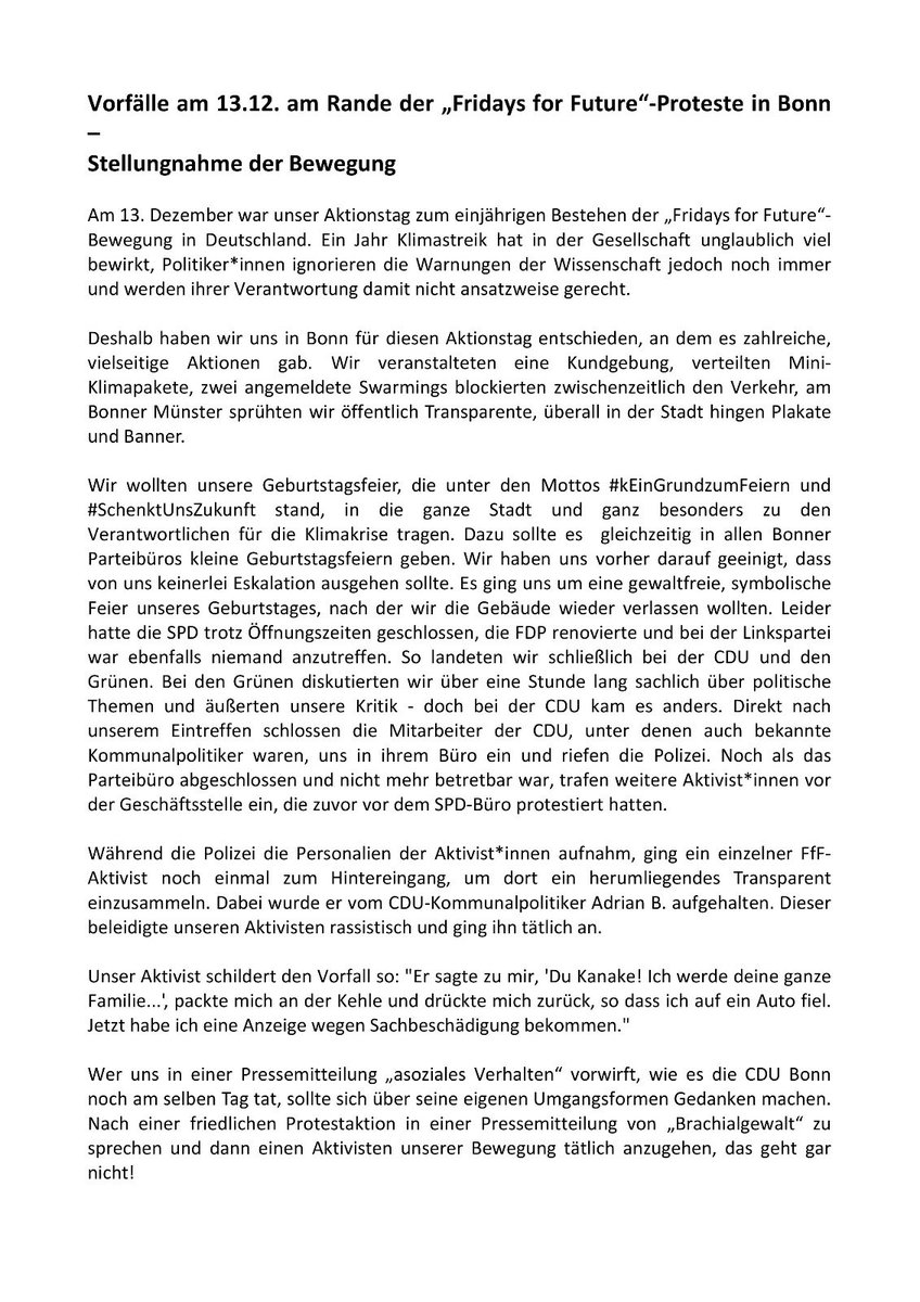BonnFuture's tweet photo. FfF-Aktivist wird rassistisch von CDU-Kommunalpolitiker beleidigt und tätlich angegangen. Wir sind schockiert über das Verhalten der @CDU_Bonn. Hier unsere #Stellungnahme zu den Vorfällen am Rande unserer Protestaktionen am 13.12. #FridaysForFuture #1jahrnurblockiert https://t.co/mTXlH5ehKZ