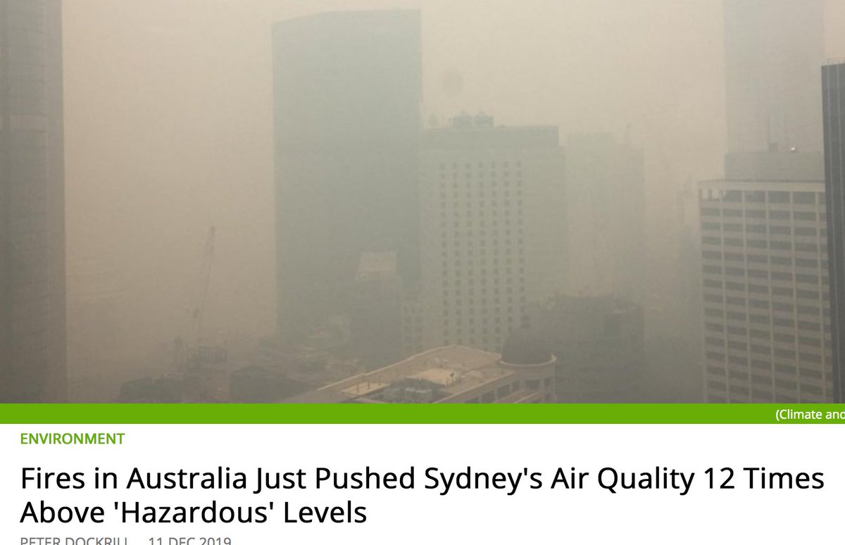 headline screenshot: fires in australia just pushed sydney's air quality to 12 times above "hazardous" levels