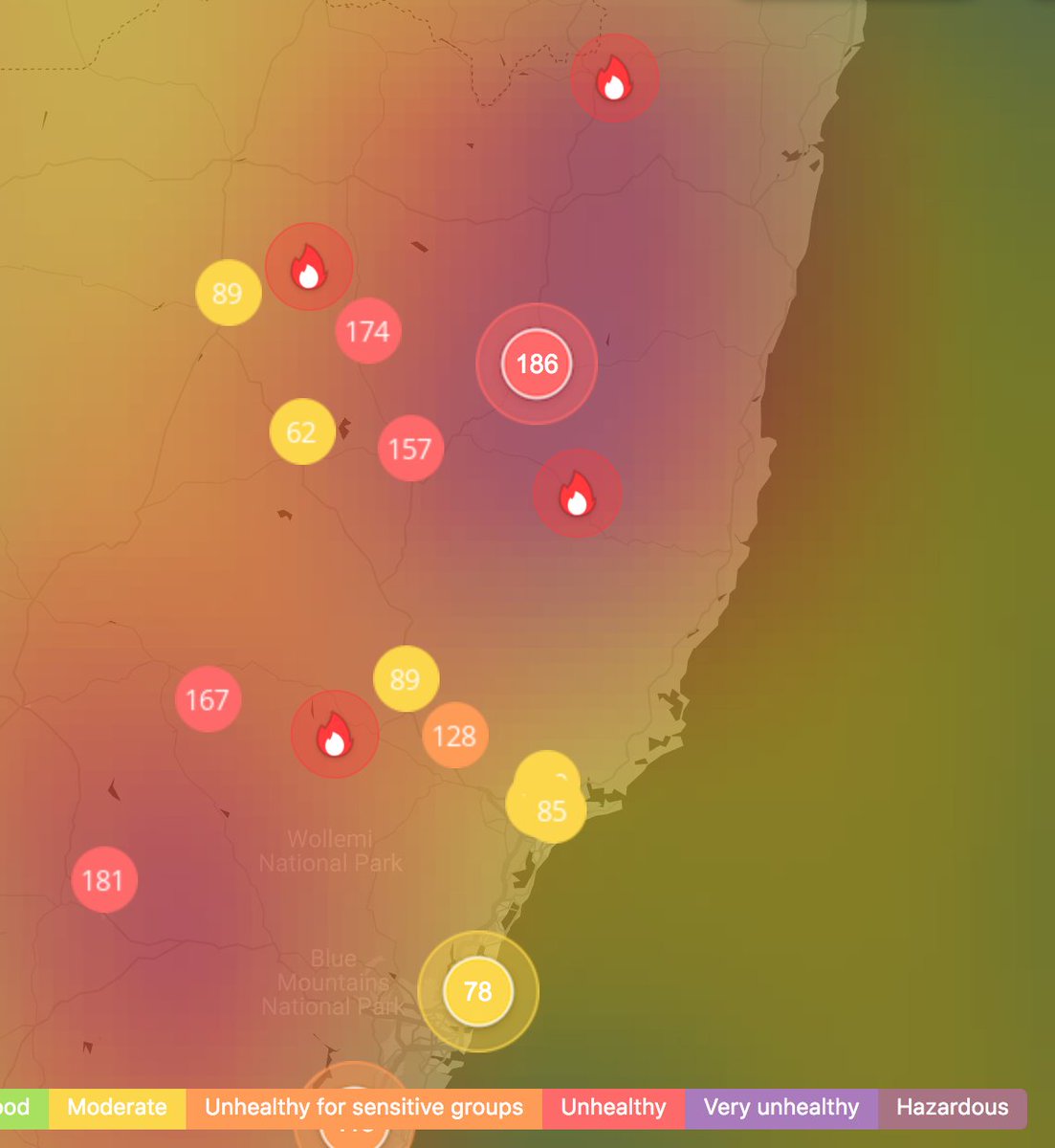 screenshot of west coast of australia on the App @AirVisual - shows 4 fire symbols, and huge splotches of purple and red (unhealthy air) with several readings over 150.