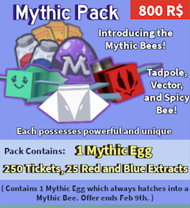 Bee Swarm Leaks Twitterissa Mythic Pack 800 R The Mythic Pack Gives 1 Mythic Egg 250 Tickets 25 Red And Blue Extracts Cub Buddy Pack 800 R The Cub