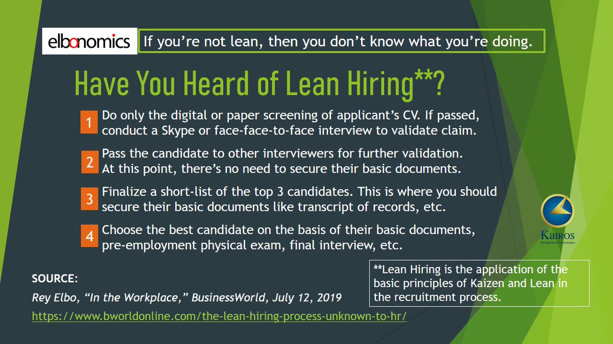 Rey_Elbo's tweet photo. ELBONOMICS: If you're not lean, then you don't know what you're doing. (Or why securing an NBI clearance, etc. in the first step of the hiring process is wrong.) #LeanHiring #LeanHR https://t.co/QrYjw3J391