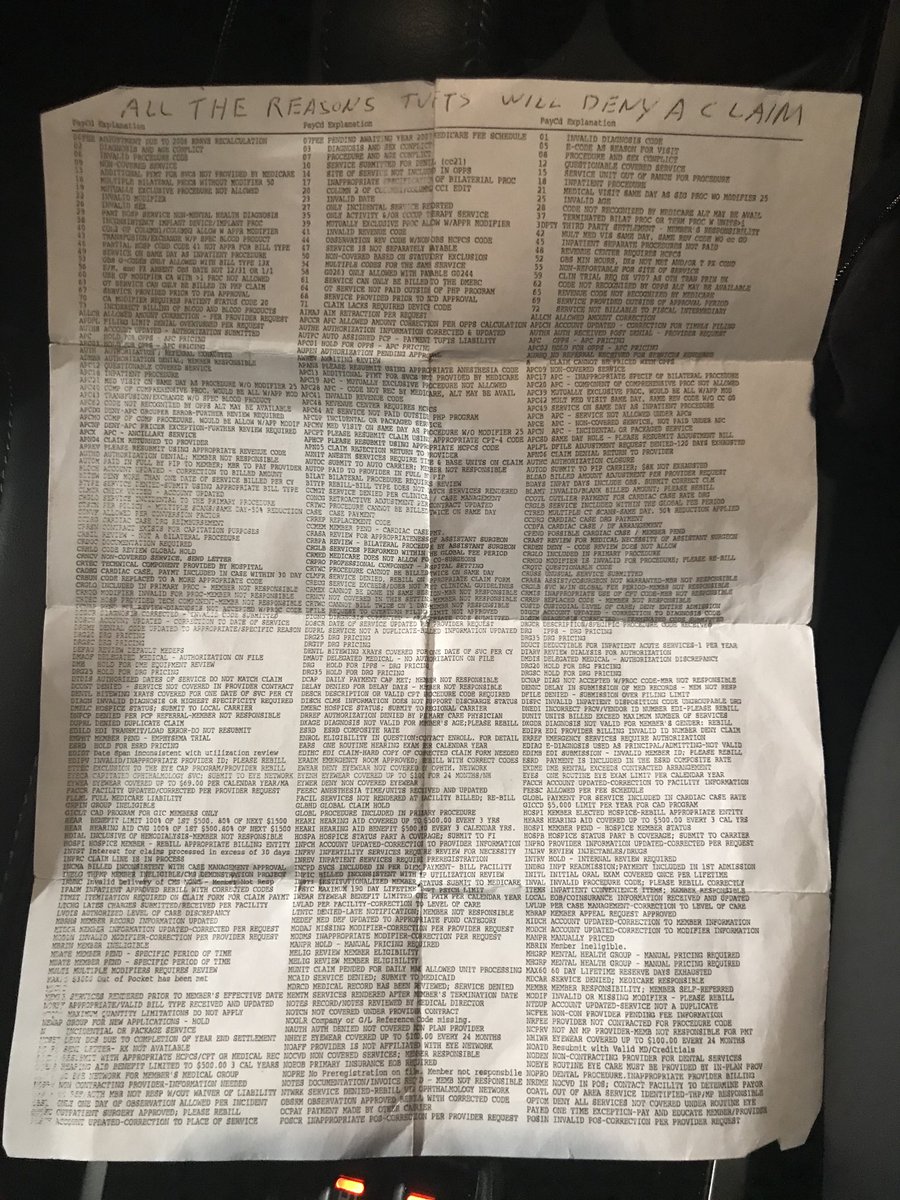RoKhanna's tweet photo. A NH voter gave this to me. It should be on the front page of the NYT. This is apparently a list of all the reasons Tufts, a private insurance company in NH, will deny a claim. This is why we need ⁦⁦@BernieSanders⁩ and Medicare for All. https://t.co/l4MccCAS83