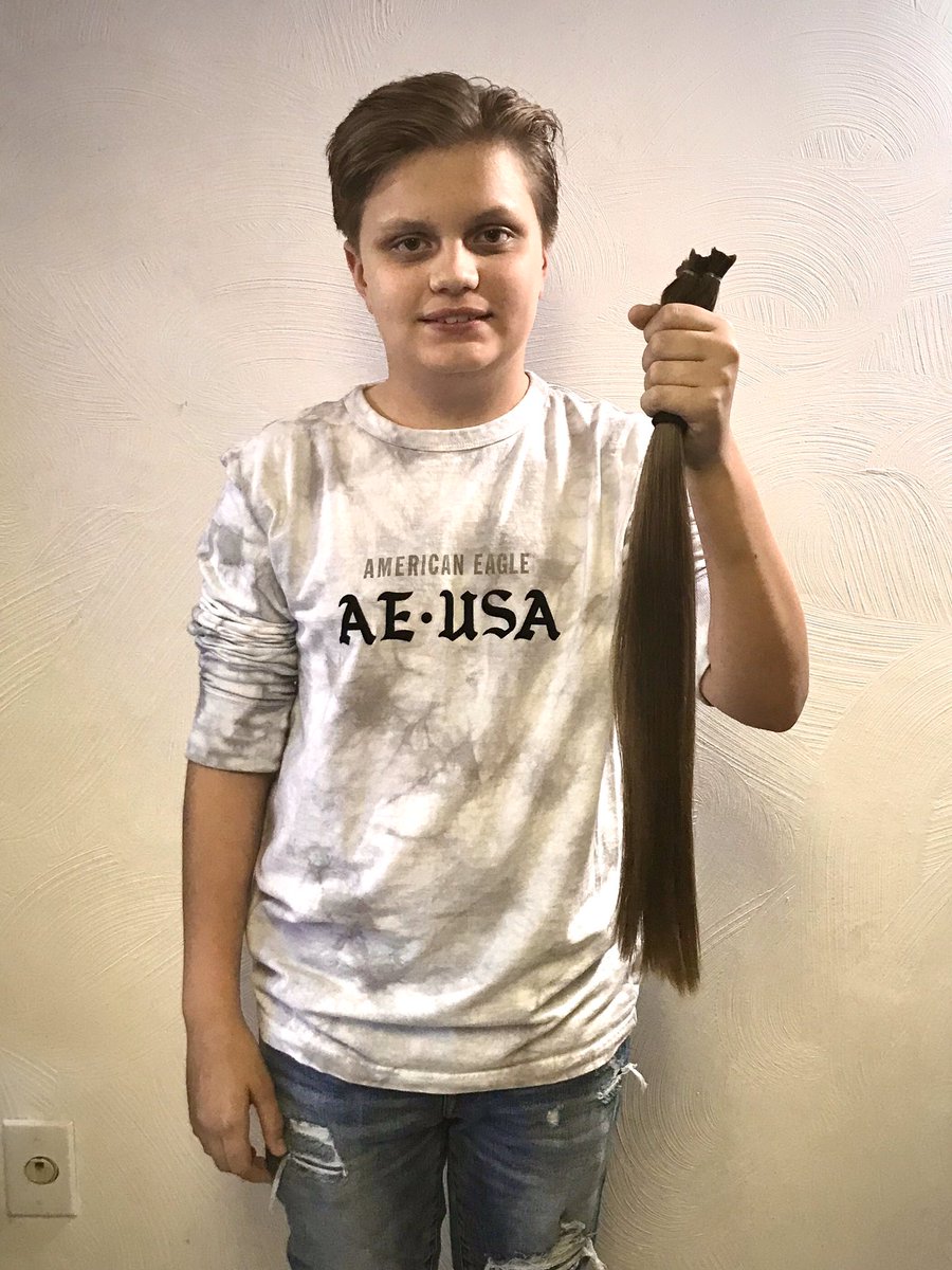 twrightatc's tweet photo. After 6 yrs of growing his hair (&amp; he's only 12 yrs old!!), Bucky finally got it cut!!!  20" will be donated to the Children with Hair Loss charity so a child in need can get a wig!!  #EllenDeGeneres @TheEllenShow https://t.co/G03lNcBjRd