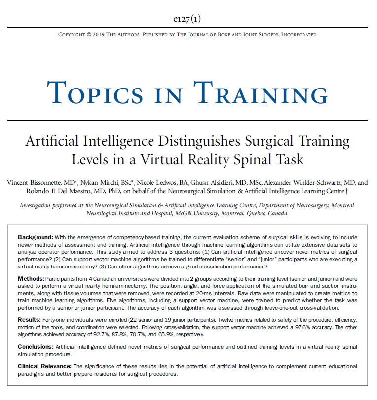 RFDelMaestro's tweet photo. @AI_SimCentre congratulates Vincent Bissonnette for receiving his MSc from the Department of Experimental Surgery for a thesis entitled: ARTIFICIAL INTELLIGENCE DISTINGUISHES SURGICAL TRAINING LEVELS IN A VIRTUAL REALITY SPINAL TASK. Check out the paper. https://t.co/9CypGXhQnn