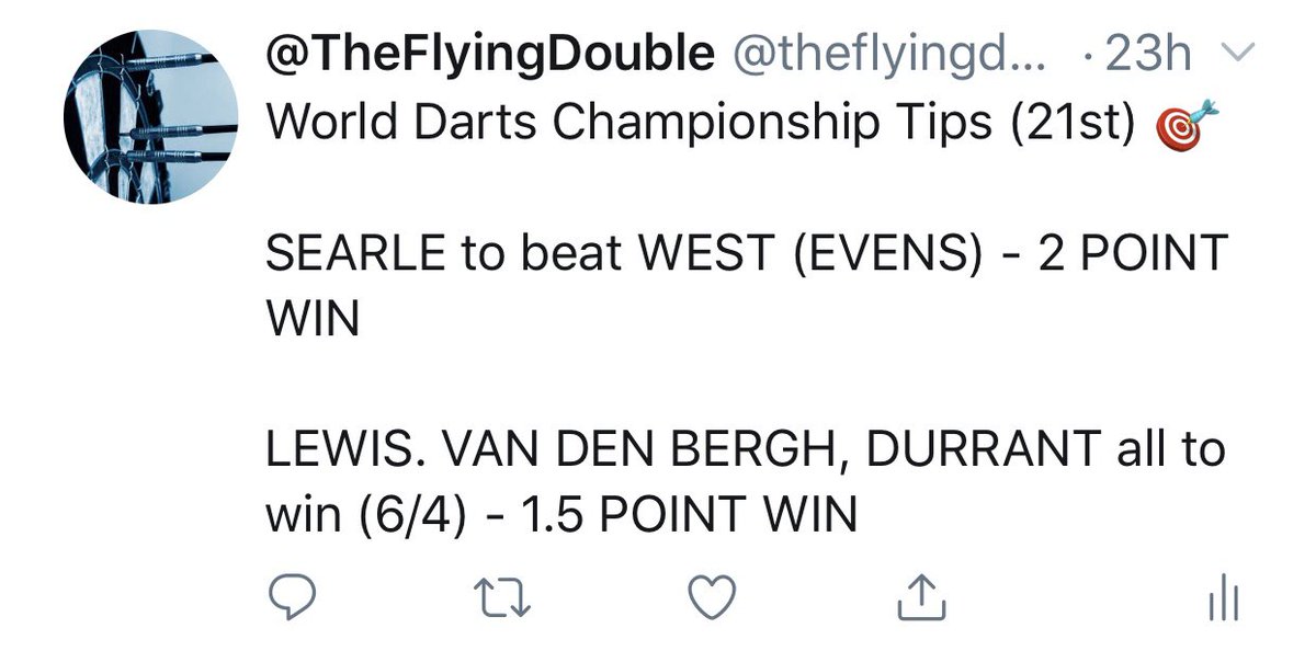 theflyingdouble's tweet image. BOOOM! 2/2 winning bets! Our second full house this week! Treble and single bet landed for huge profit! We are the best darts tipster platform by a mile and it’s all free! 🎯🔥