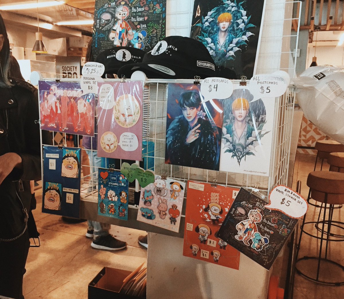 idreamofyoongi's tweet photo. super cute prints and stickers from @12Terabytes i regret not getting that moonchild hat ๐ญ #RayOfLightKSJ https://t.co/5vEFTwrdXC