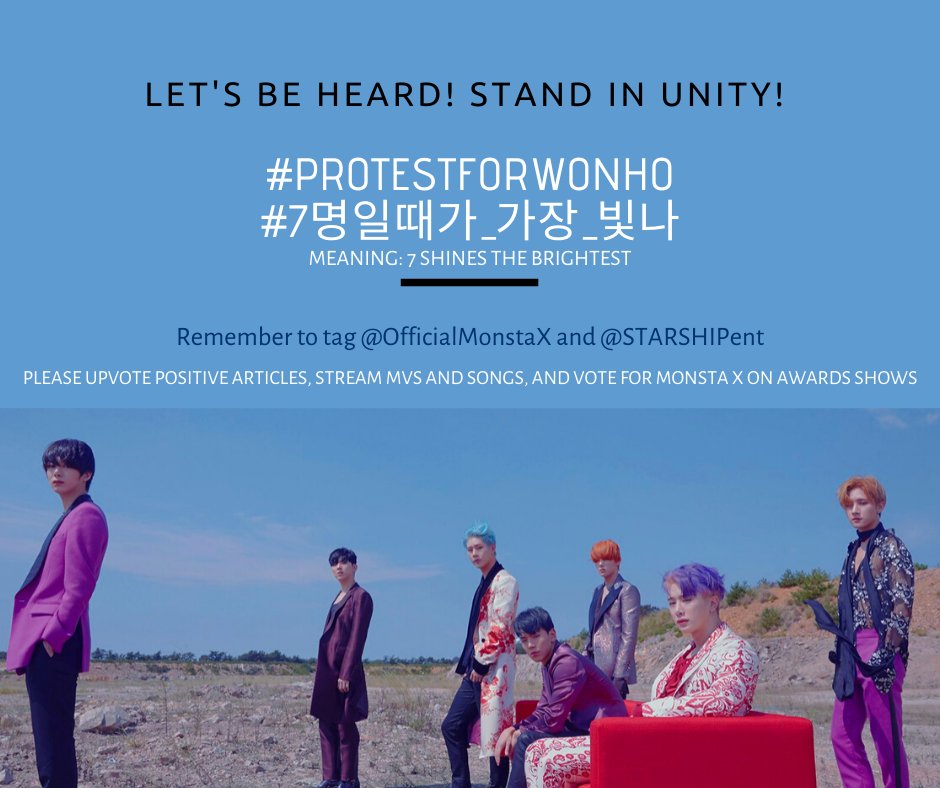 MONBEBEnt's tweet photo. Hello. This is Monbebe Entertainment.

👉NEW HASHTAG ALERT👈

REPLY (7) TIMES USING THE HASHTAGS:

#ProtestForWonho
#7명일때가_가장_빛나- Seven Shines The Brightest

Thank You ♥️ https://t.co/7tpZBal6U7