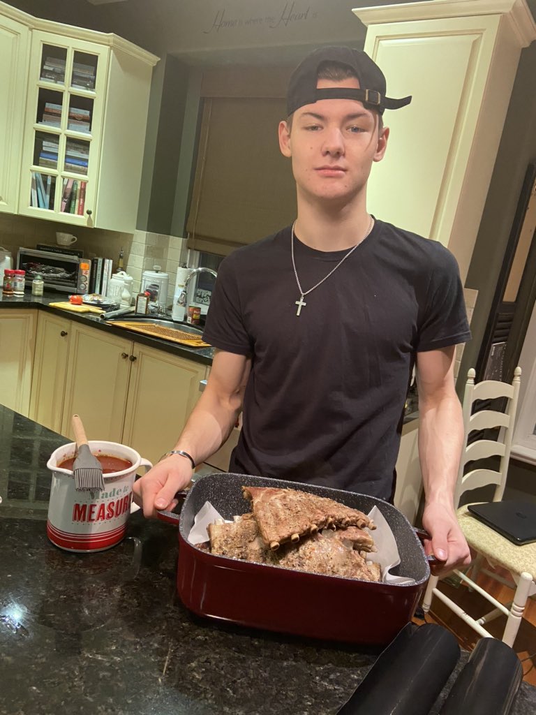 Cubby with our ribs fresh out of the oven and ready for the grill! @NEChiefs_MML