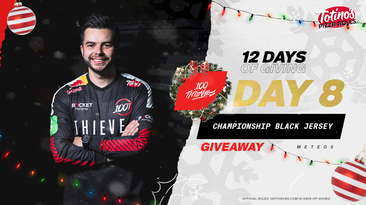 MeteosLoL's tweet image. I&apos;m giving away a black championship jersey for Day 8 of 100 Thieves 12 Days of Giving! 

TO ENTER:
-Follow @100Thieves &amp;amp; @MeteosLoL &amp;amp; @Totinos
-RT this tweet
-Comment your size

Winner in 24 hrs! Happy holidays! #sweepstakes