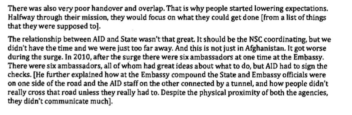 NSC should have done interagency coordination, but "we were just too far away." State & Embassy were on one side of road and USAID on the other, connected by a tunnel that nobody wanted to cross for some unexplained reason. Govt incentive structure unchanged since Vietnam. 180/n