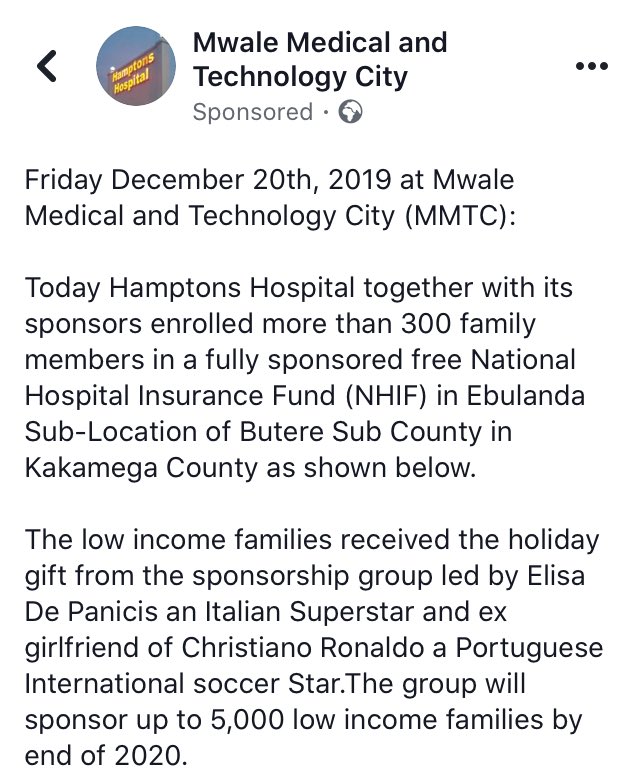 Former  @Cristiano Ronaldo girlfriend Elisa de Panicis has now been brought into the country by Mwale Medical Centre folks to register and “sponsor “ villagers to  @nhifkenya enrolment.