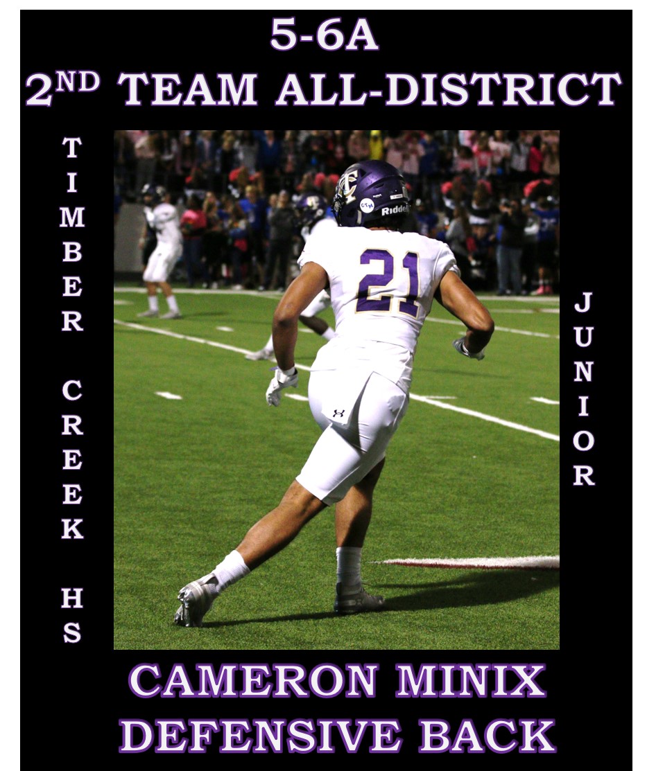 Congratulations to our 2019 Timber Creek Football 5-6A 2nd Team All-District Defensive Selections.

2020 LB Brock Allbritton

2021 CB Cameron Minix Hudl Link:  hudl.com/v/2CQwWA