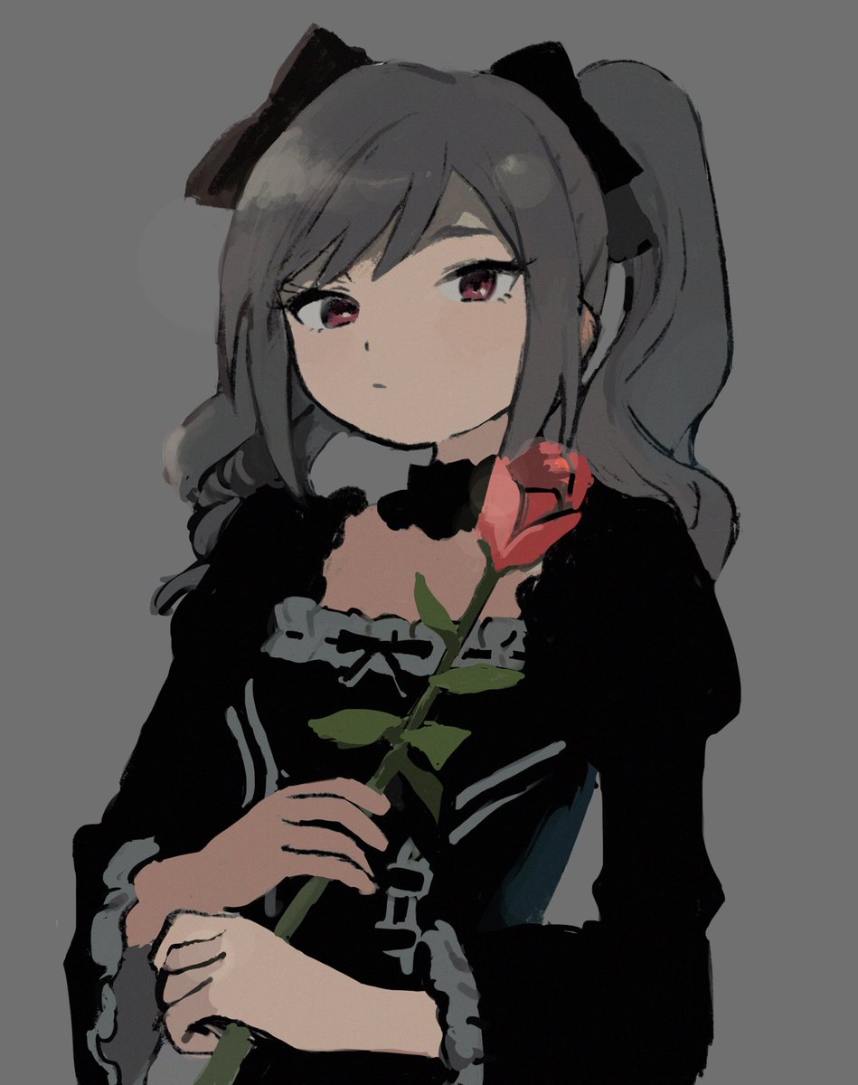 kanzaki ranko 1girl solo flower grey hair grey background twintails dress  illustration images