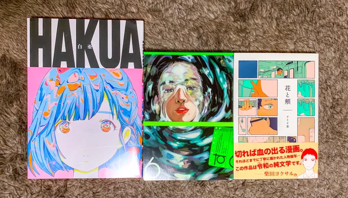 パケ買い?ジャケ買い?したマンガたち!どれも分厚くて読み応えありそうで楽しみ!ちゃんと見たら真ん中の本(   すいかとかのたね)は武蔵美の同級生たちの本でした。装丁すごい良い…良いな良いなぁ 