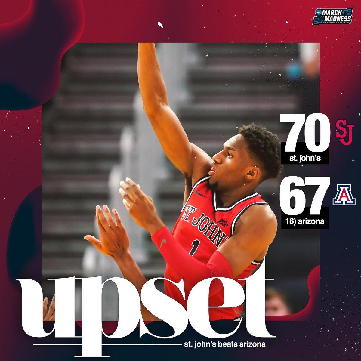 MarchMadnessMBB's tweet photo. St. John’s knocks off No. 16 Arizona in the Chase Center! 👀 #SJUBB https://t.co/TEsNnD4dCs