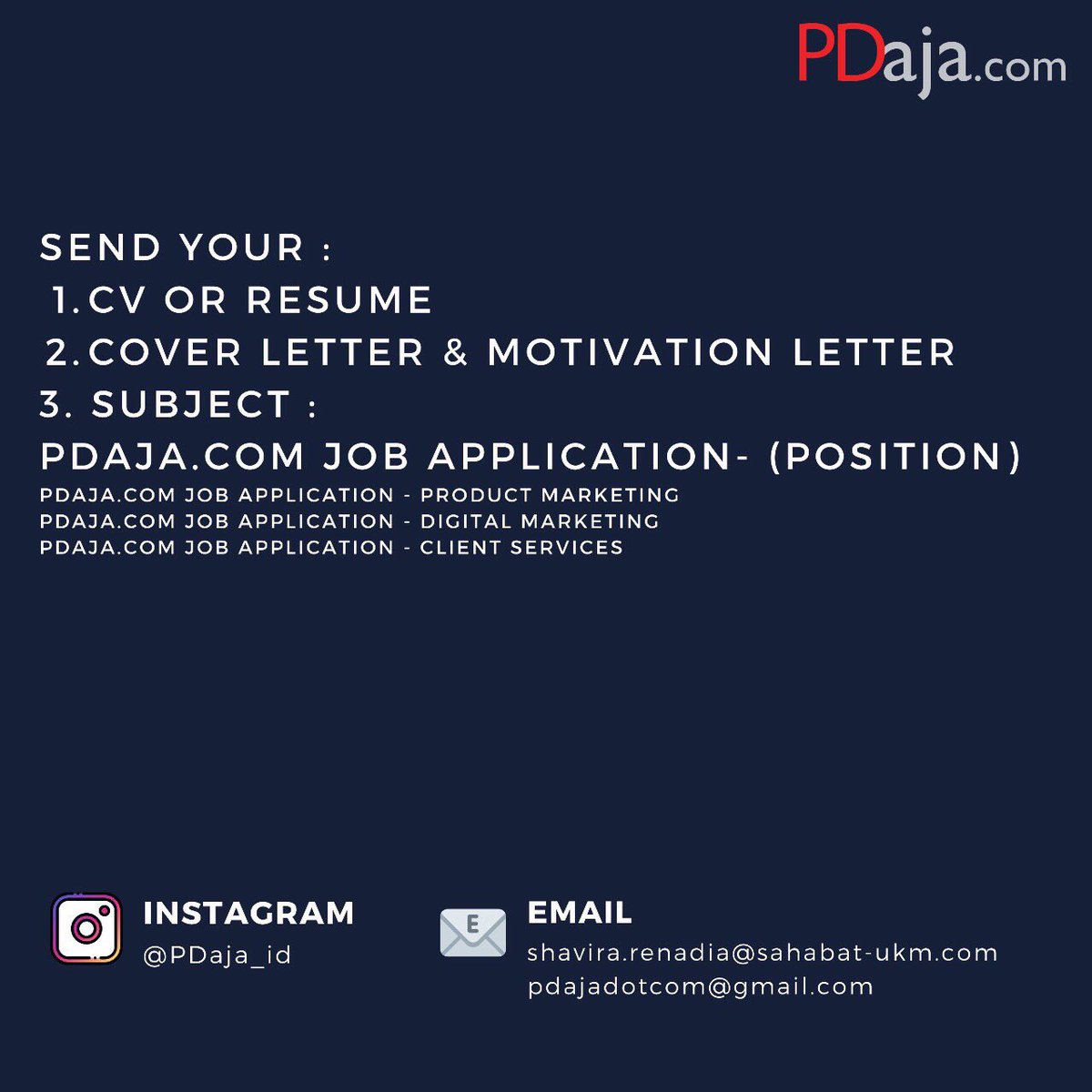 Have you ever thought about working in a financial industry? If yes, PDaja.com is now expanding!

We're looking for fulltime interns:
-Product Marketing
-Digital Marketing
-Client Services

Ready to work with us? Submit your latest CV through our email! @PDaja_id