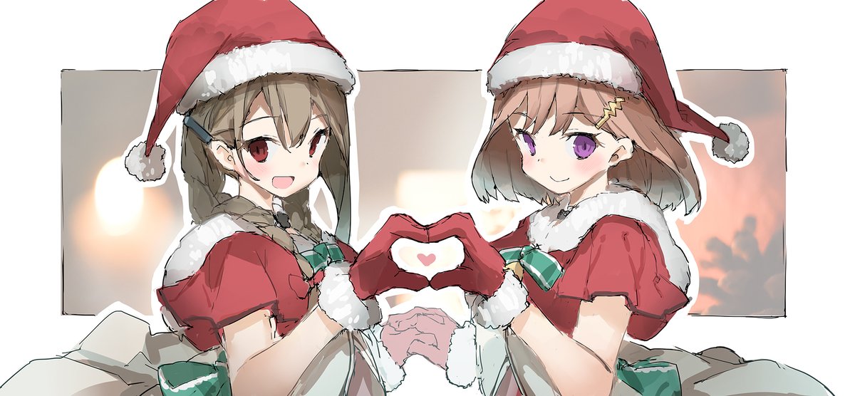 multiple girls 2girls hat heart hands santa hat brown hair heart  illustration images