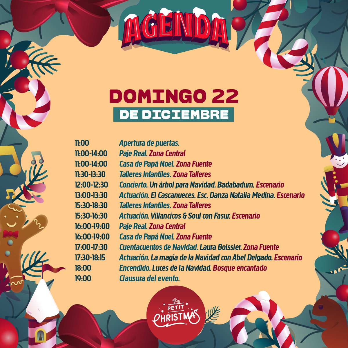 🎅🏼 ¡Ya abrimos las puertas para la jornada final de Petit Christmas 2019!

Hoy tenemos las actuaciones de Badabadum, Fasur, el Mago Abel Delgado, Laura Boissier y la Escuela de Danza "Natalia Medina".
¡Puedes comprar las entradas en el mismo parque! 🎅🏼