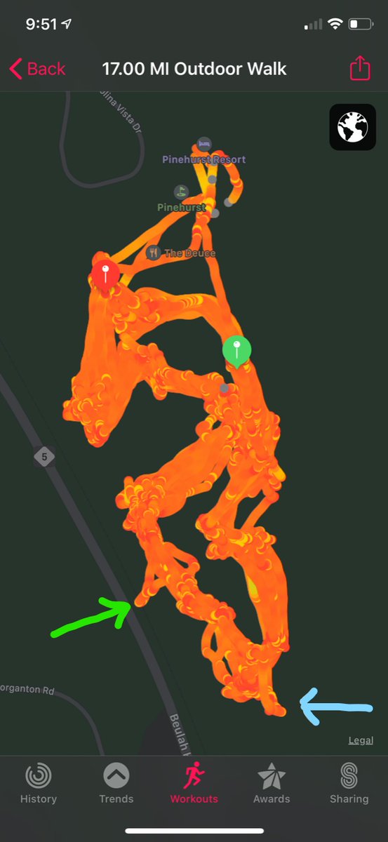 LeePaceTweet's tweet photo. My GPS track from 21 trips 'round The Cradle @PinehurstResort. Green arrow: Shanked a sand wedge on fifth hole over railroad track near road. Blue arrow: Slipped into port-a-potty artfully tucked into trees. Much-needed amenity &amp; skillfully executed by club staff. https://t.co/1XnkJdC86A