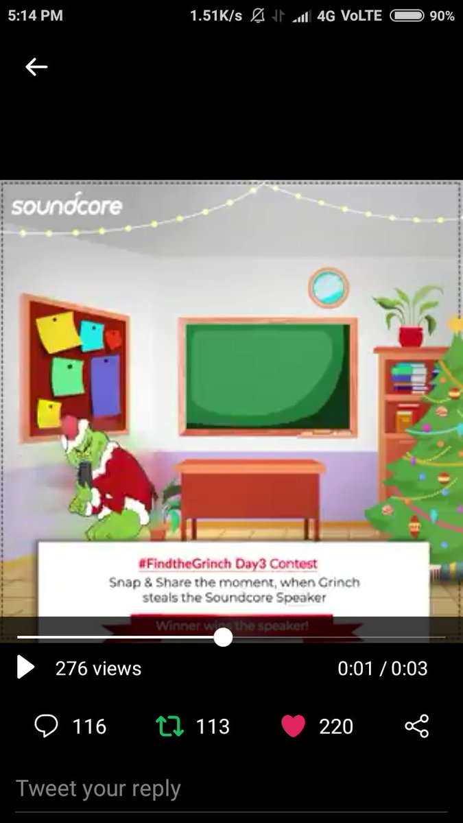 rjanardhan's tweet photo. @SoundcoreIndia Day : 3
Here's my Screenshot ๐ ๐ ๐
โ๏ธ
#FindTheGrinch
#ChristmasContest #ContestTime #ContestAlert @SoundcoreIndia
๐ก ๐ ๐ โจ ๐
@kalpana7867
@Godisgreat001
@s4success2win
@iwasbornhot
@prashantjm786
โ๏ธ https://t.co/IpWOAgtdnh