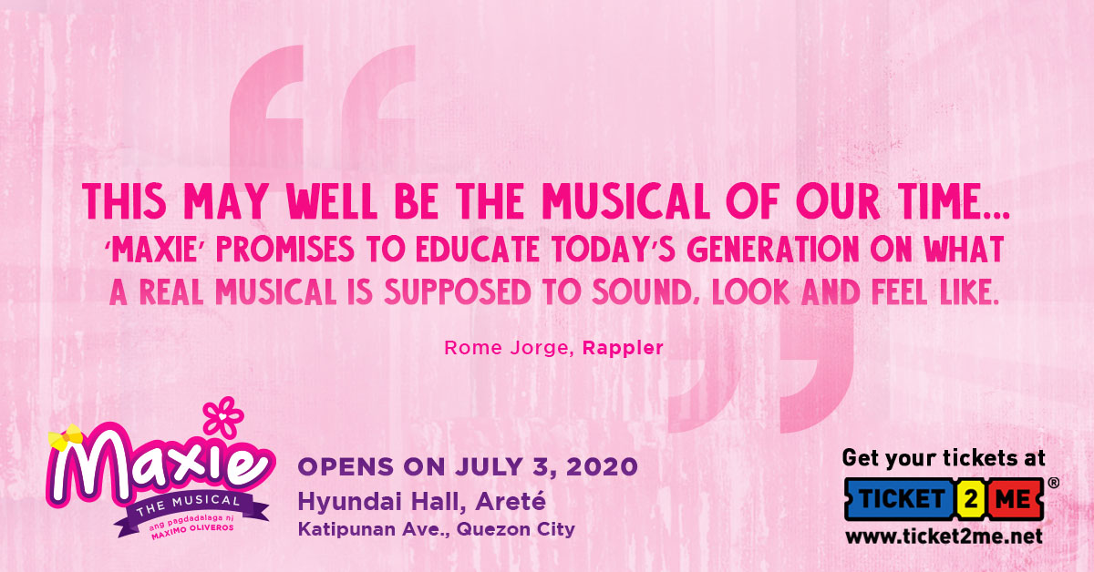 MaxieTheMusical's tweet photo. Samahan muli si Maxie at ang kanyang mga bekimon! Getlak na ng discounted early bird tickets sa @Ticket2MeNet! Gora na sa https://t.co/OFGnEnlky0! Bili na! Magsama ng booking, CHAROT! :p
#maxie2020 #maxiethemusical https://t.co/tXgmJDWOEM