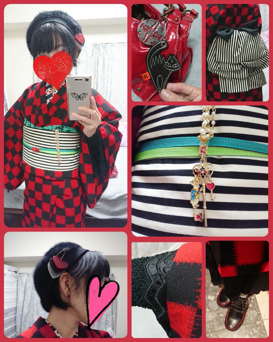 sayoko1999's tweet photo. 本日のコーデ。赤の女王イメージ❤
着物 #姉妹屋
半襟 #きもの番長
帯 #MIKISAKURA
三分紐 #iroca
帯留 #Faith
帯揚げ #CHOKO
襦袢・替え袖 #AVALEZ
ベレー帽の飾りやピアスはトランプモチーフ、バッグには黒猫、帯留の牡丹は薔薇の見立て、そしてkichiku.さんお手製ネックレスを根付替わりに♪ https://t.co/7pFPxEnIiP