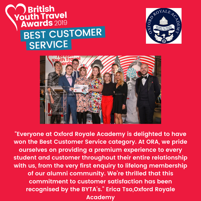 Congratulations <a href="/OxfordRoyale/">Oxford Royale</a> winning the Best Customer Service category in 2019

ow.ly/2k3l50xE35h

#youthtravel #BYTA19 #awards #educationaltravel #association #travelstudy #travel #BYTA #sponsorship #customerservice