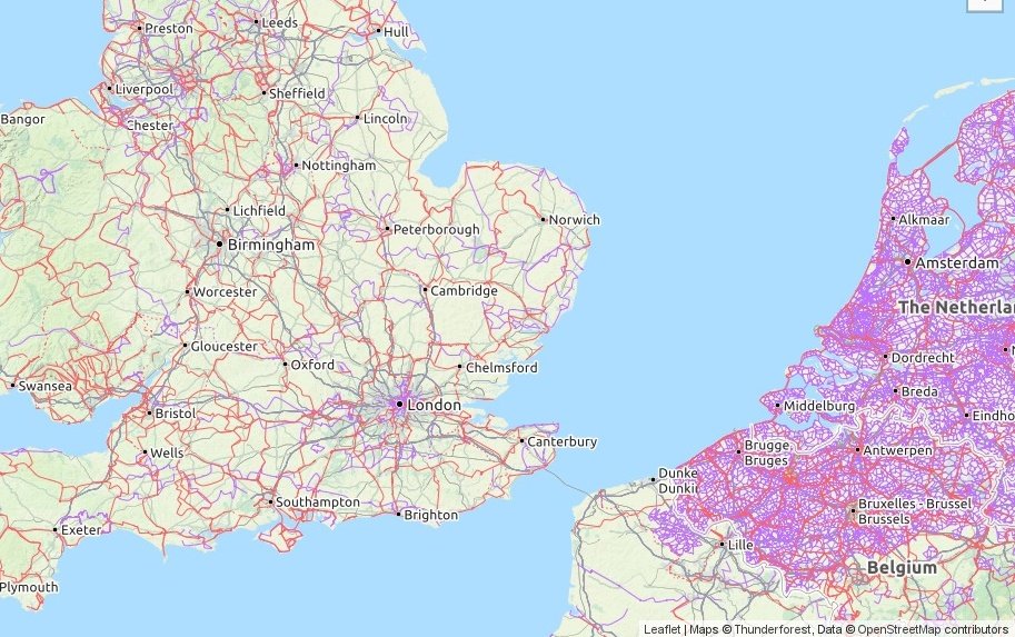 Any other cyclists dream of the day the UK ever catches up with the Netherlands with their cycling infrastructure..red =long dist routes, purple = local routes. (Open street maps) #ijustwanttoridemybicycle #sustrans #bikecommuter #greentravel #bikepacking