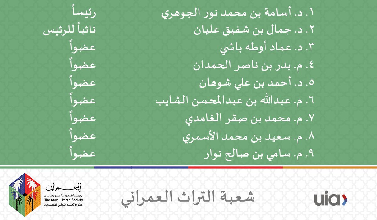بناءاً على رغبة جمعية #العمران بتكوين قاعدة تنطلق منها بطرح اهتماماتها والقيام بدورها المجتمعي، تم اعتماد تشكيل:

مجلس شعبة التراث العمراني

بعضوية نخبة من المهتمين والمُؤثرين في هذا المجال متمنين لجهودهم دوام التوفيق والسداد