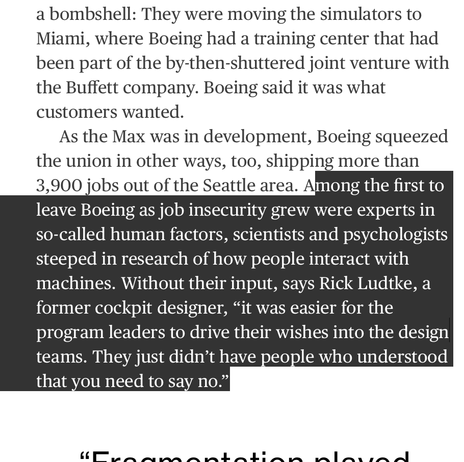 oulasvirta's tweet photo. Human factors experts have a critical role in flagging risky and flawed ideas : 'No, this won't work'. Alas, they are also the ones sacrificed first for short-term economic wins. 

It may take a long time to rebuild a safe engineering culture at Boeing:

https://t.co/tGO821xnxu https://t.co/um0mzMA26H
