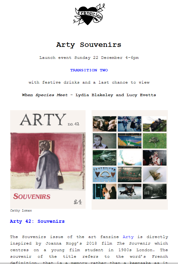 Transitionart's tweet photo. Who is coming to the launch of the new @artyartzine today? We have festive food and drink. Kicking off at 4pm don't miss out!
#independentpublishing #artysouvenirs #thesouvenir #fragonard #artyzines #zinelaunch #souvenir #thesouvenir #snapshot #transitiongallery #artysouvenirs https://t.co/7yIGYr7SbM