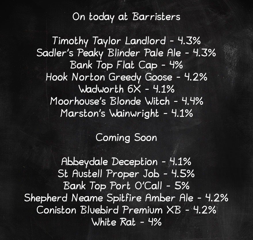 On the bar today! ⁦⁦@BoltonCAMRA⁩ don’t forget your CAMRA card for 20p off your pint! 🍻🍻
@TimothyTaylors @sadlersales @BankTopBrewery @HookyBrewery @Wadworth @Moorhousesbrew @MarstonsBrewery 
#RealAleFinder