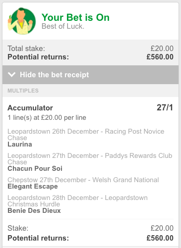 TWEnclosure's tweet photo. 🎁🎅🏻 £560 CHRISTMAS GIVEAWAY 🎅🏻🎁

🏇🏻 We've backed this antepost acca for the festive period and if it wins the FULL returns will be given to one lucky follower...

TO ENTER, SIMPLY:

1️⃣ Retweet this tweet
2️⃣ Make sure you follow us here - @TWEnclosure
 
GOOD LUCK EVERYONE! 👍🏼 https://t.co/GnqZcWuJaR