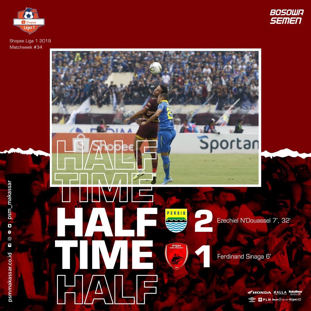PSM_Makassar's tweet photo. Half Time
PSM Makassar 1-2 Persib Bandung
Gol Ferdinand Sinaga dimenit ke 6, berhasil dibalas dengan dua gol Ezechiel.
#PSMarise #EwakoPSM #ShopeeLiga12019 https://t.co/QEMoRKLmZy