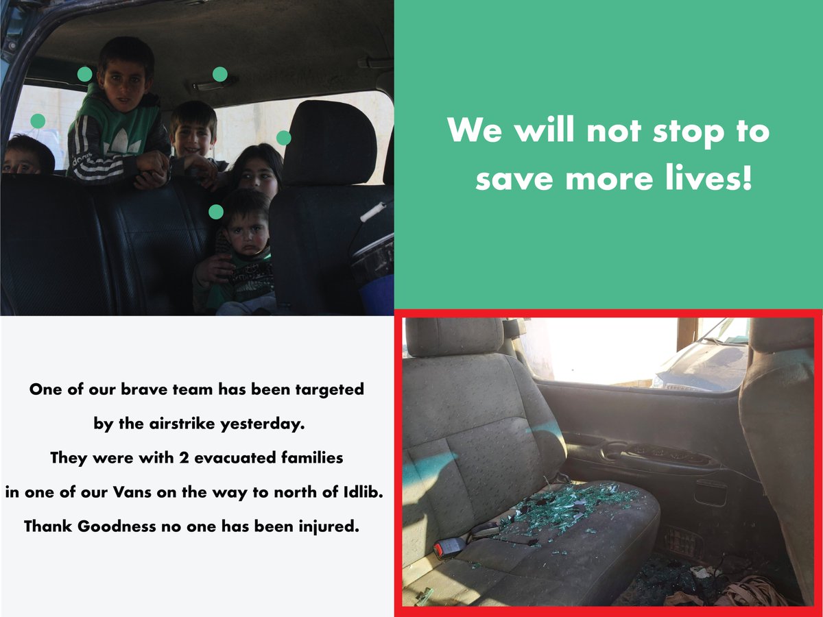 kparadiseorg's tweet photo. One of our brave team has been targeted by the airstrike yesterday. They were with 2 evacuated families in one of our Vans on the way to north of Idlib. 
Thank Goodness no one has been injured.  
We will not stop to save more lives! https://t.co/fycHD63Q5f